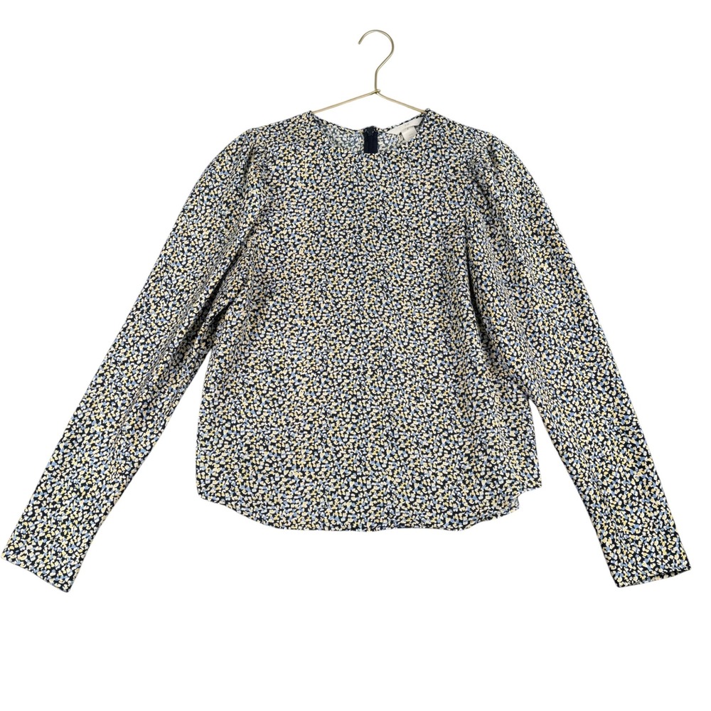 H&M Women Small Floral Cottagecore Blouse Navy Blue Yellow Long Sleeve Top WP863